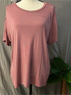 Free Kisses Dusty Rose Short Sleeve Tee with Rhinestone Ribbon Detail